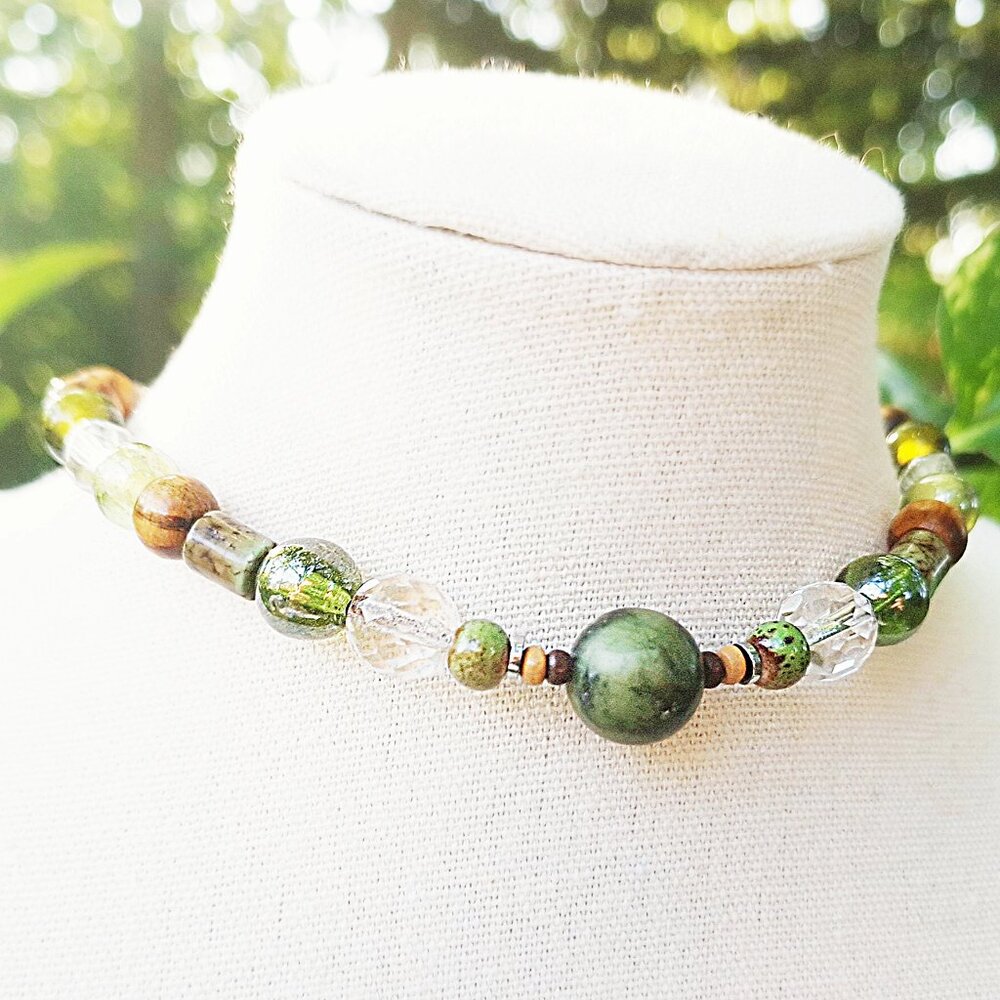 Jade Gemstone Beaded Choker, Fantasy Woodland Choker, Elegant Elven Choker, Wood